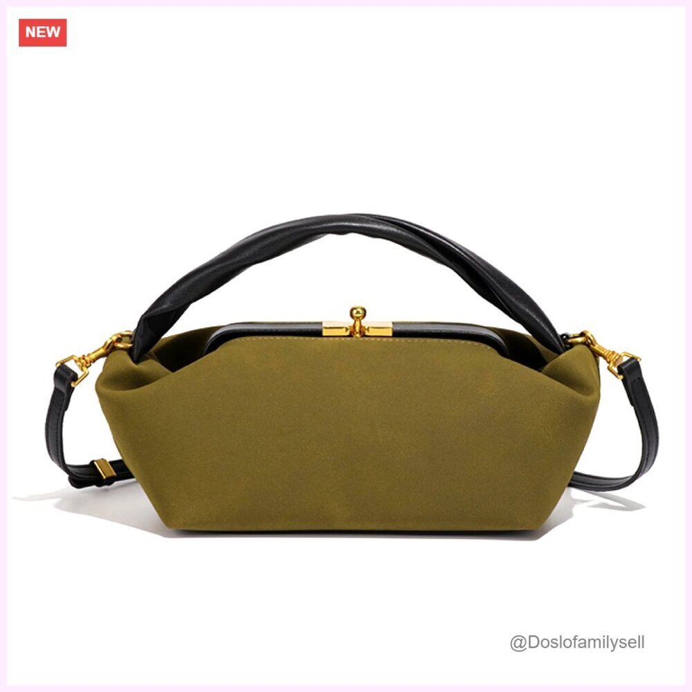 Vintage Suede Hobo Shoulder Bag Kiss Lock Closure Detachable Strap